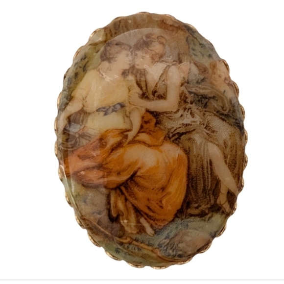 RENAISSANCE REVIVAL Transferware 1950 Painting Brooch Vintage Cameo Brooch Pin - Picture 6 of 8